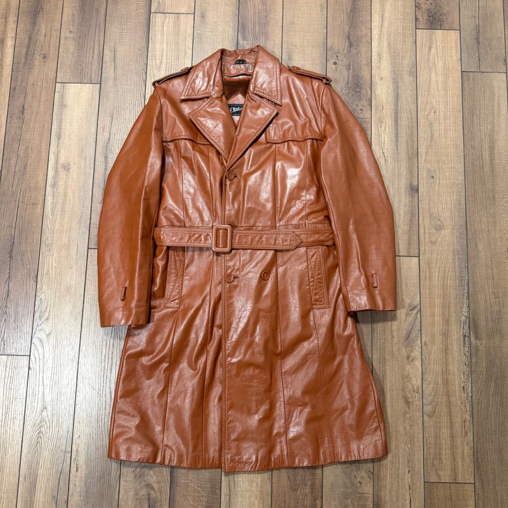 Vintage 70s Eros Leather Trench Coat Men 40 Cognac Brown Belted Fur Lined Duster